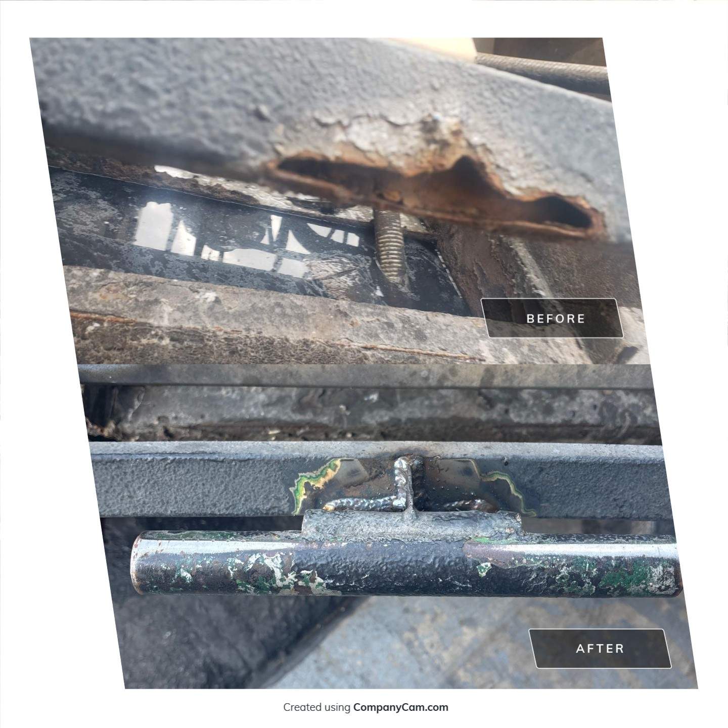 Close-up of a rusted metal surface with a before-and-after repair label.