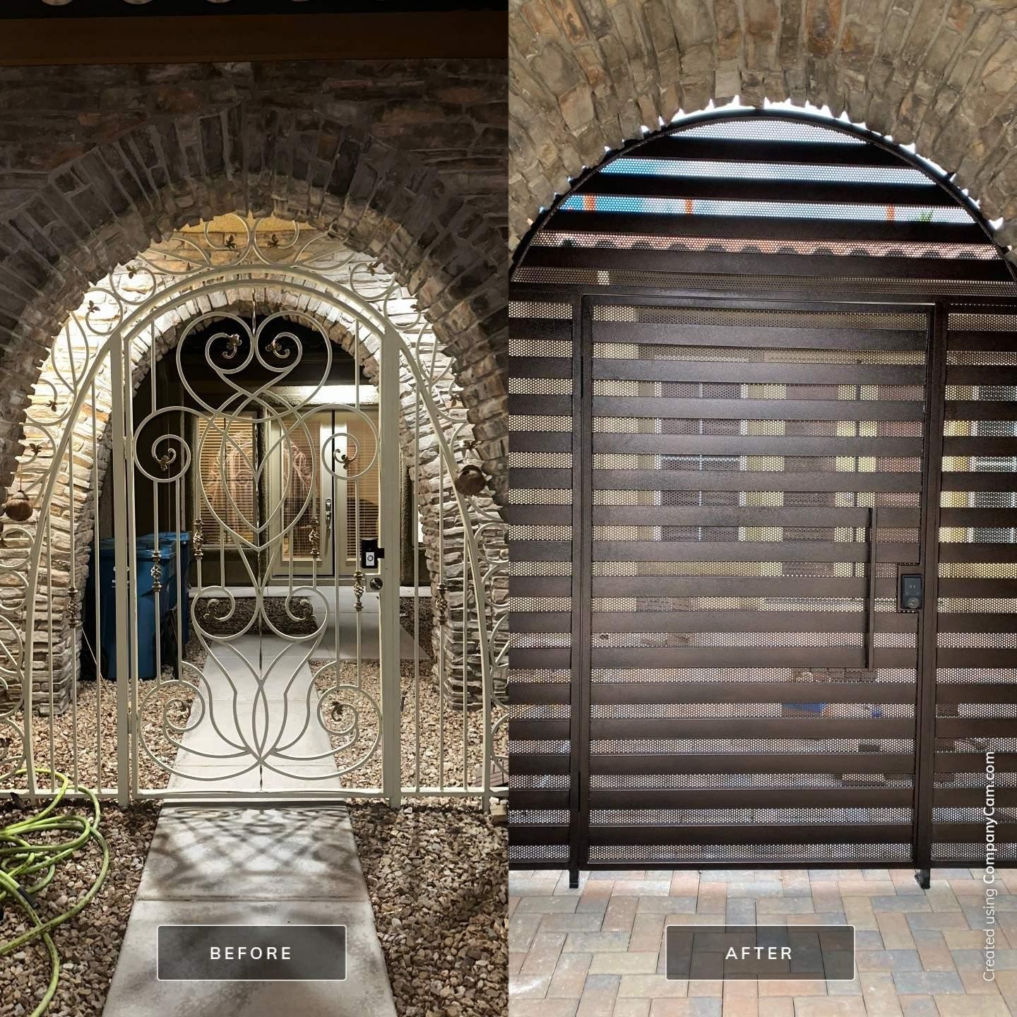 Before-and-after: left stone archway with ornate iron gate; right new brown wooden slatted gate.