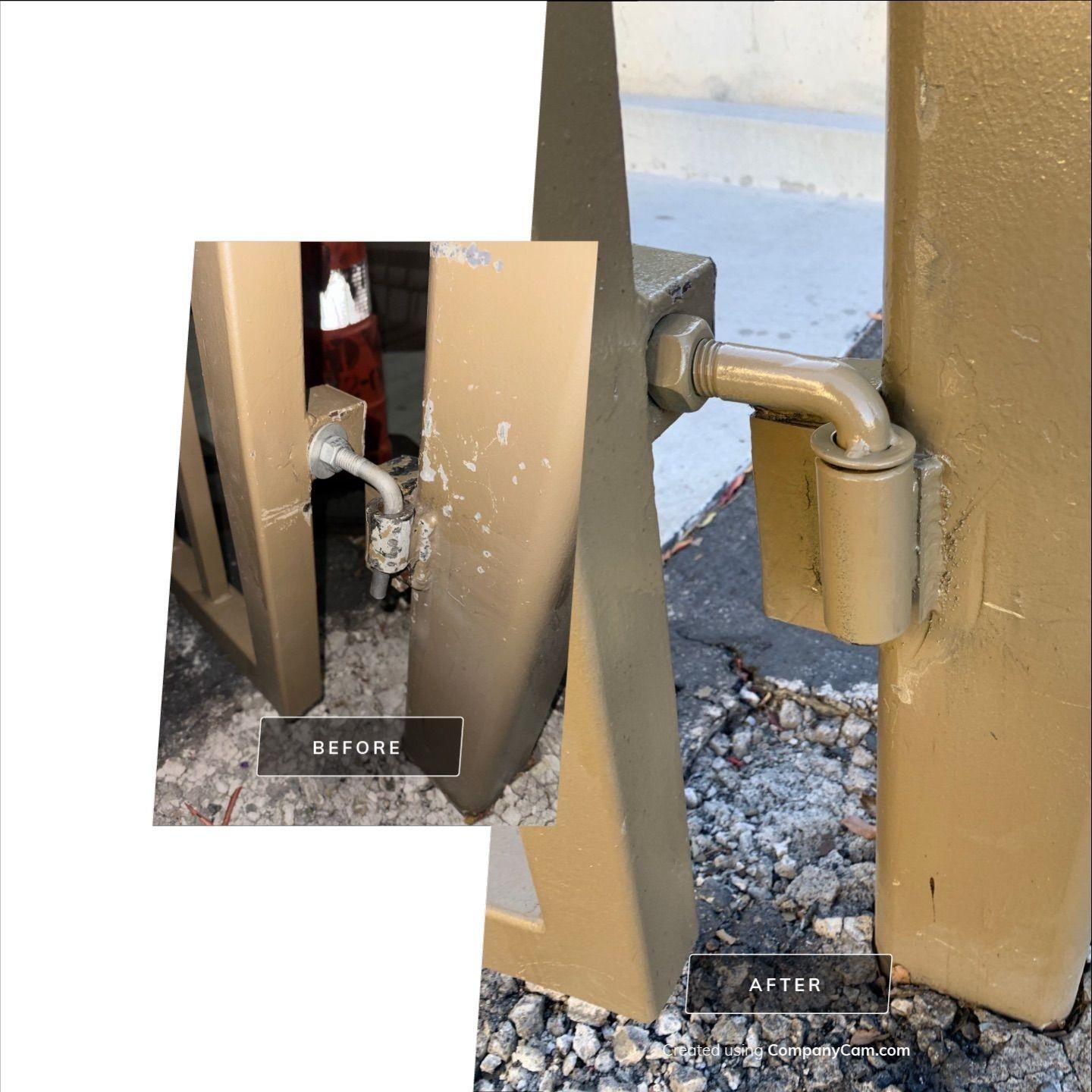 Close-up of a yellow gate post: before shows damaged latch; after shows new lock installed.