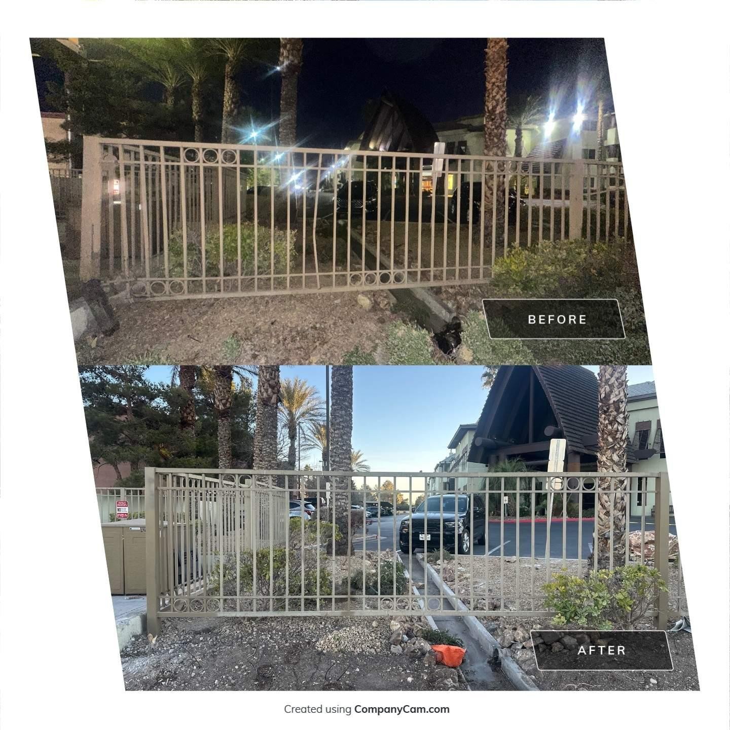White metal fence gate upgrade collage; before (top) and after (bottom) along a driveway.